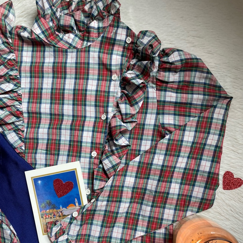 Vintage 80s high neck ruffle plaid button front shirt - Picture 8 of 13